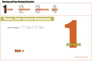 SunTouch, calculator, tile estimator, SunTouch heating calculator, SunTouch heating estimator, conversion, tile calculator, area of floor, cost calculator, radiant floor heat cost, tile design tool, tile patterns