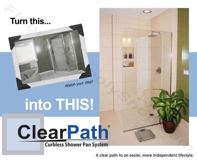 ClearPath shower system, Curbless Shower Pan, handicap shower pan, ready to tile shower pan, tile ready shower pan, tile redi