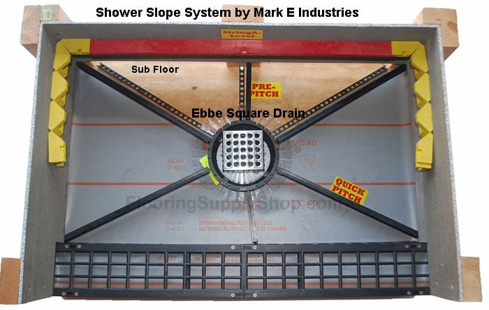 Shower floor drainage, quick pitch, shower stall, shower slope, Pre pitch slope, shower drain, tile ready shower pan