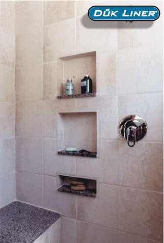 Duk liner, Cuurtis Resources, duk blue, recessed shower shelf, shower shelves, shower niches, flush mount shower shelves, tile shower wall shelves, large shower shelves, shower caddy, shower fixtures