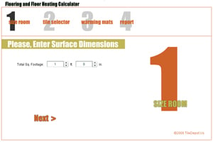 calculator, tile estimator, SunTouch heating calculator, SunTouch heating estimator, conversion, tile calculator, area of floor, cost calculator, radiant floor heat cost, tile design tool, tile patterns