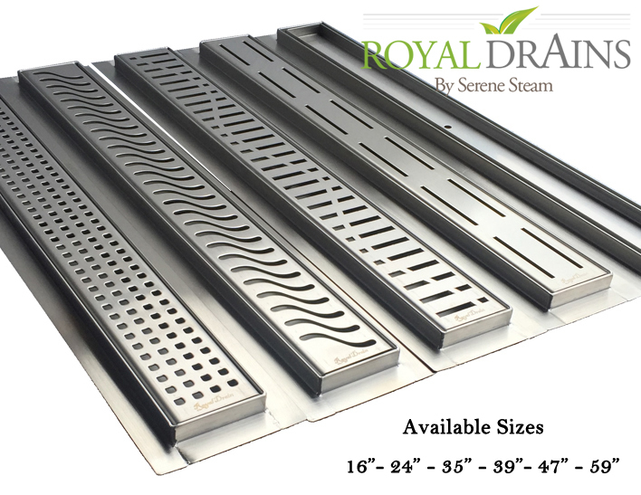 Linear Shower Drain, Royal Linear Drain, Royal by Serene Steam, Quartz by aco, Shower Channels, Linear Drain, linear shower channel, shower channel drain, Quick Drain, square drain, rectangle drains, floor grilles, shower grates